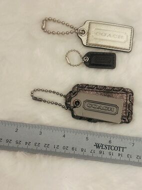COACH Metallic Silver, Black Leather Bag Tags